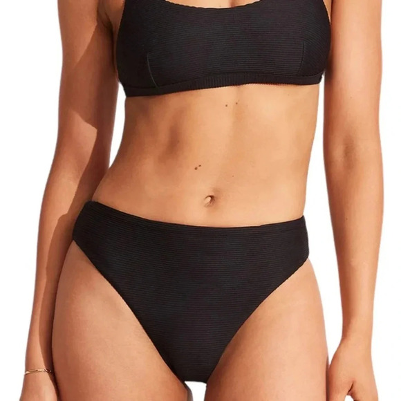 SEAFOLLY High Rise Ribbed Black Bikini bottom Essentials 40609-640 Size 2 NWT - Picture 1 of 16
